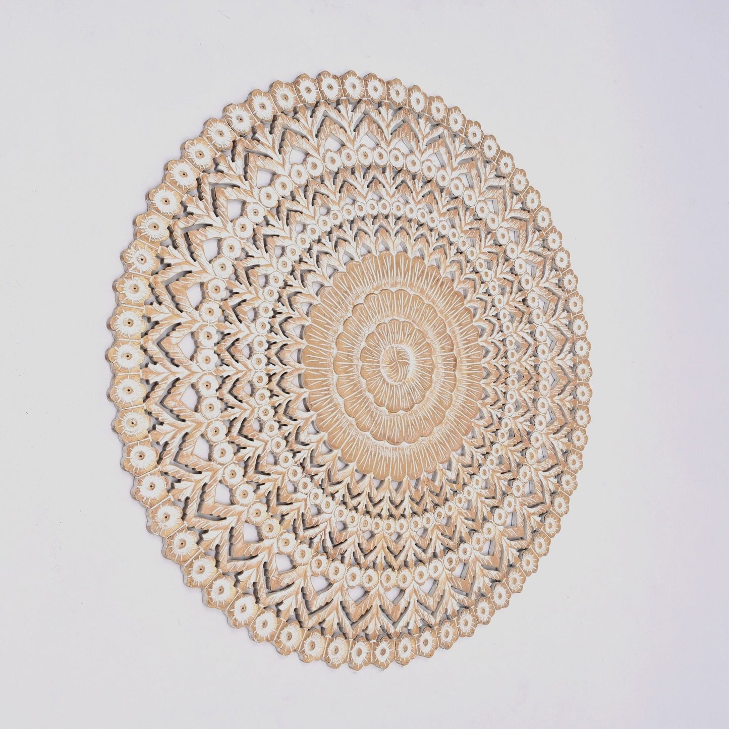 Floral Hand Carved Mandala Round Wall Decor - Brown / Antique White