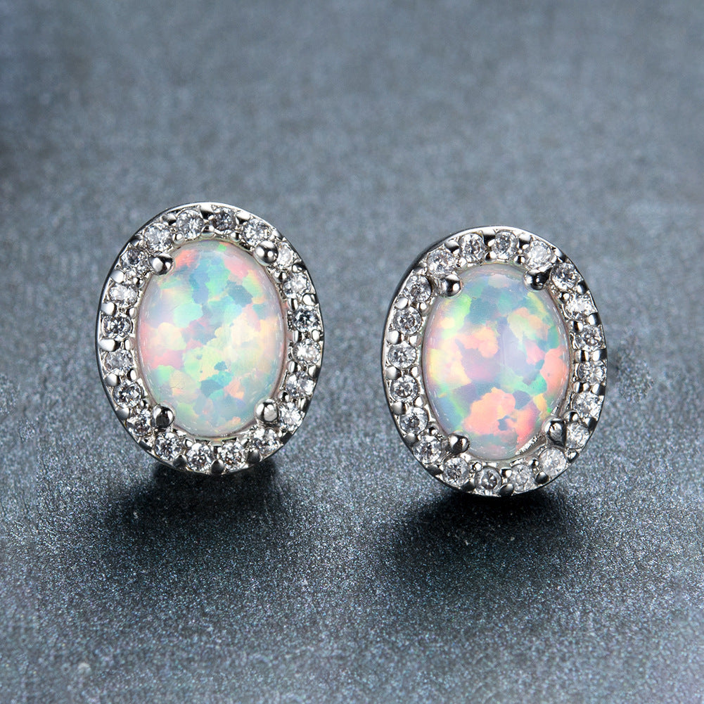 Oval White Opal Edge White Small Diamond Studs
