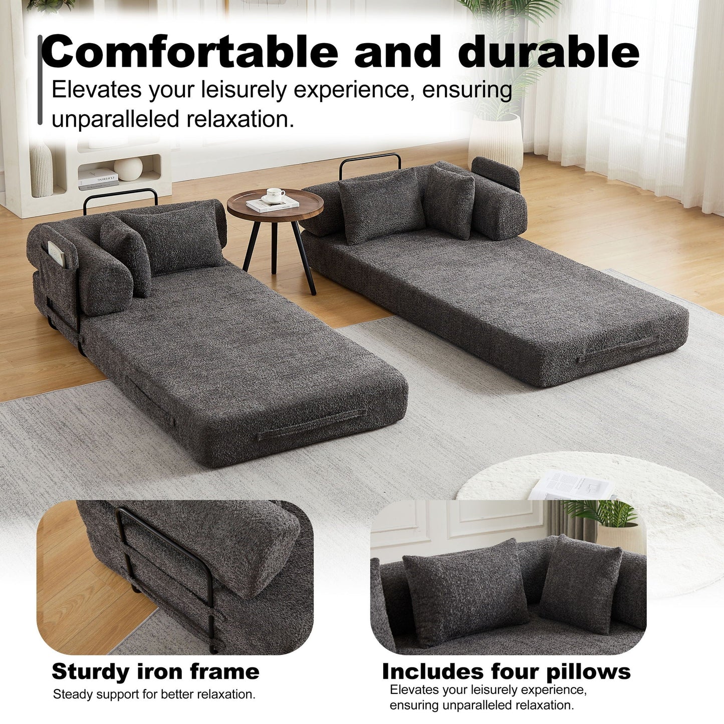 Convertible Sleeper Sofa Bed With Cylindrical Pillow