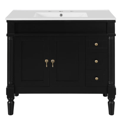 Bathroom Vanity With Ceramic Sink, 2 Doors 3 Drawers, Soft Close Design
