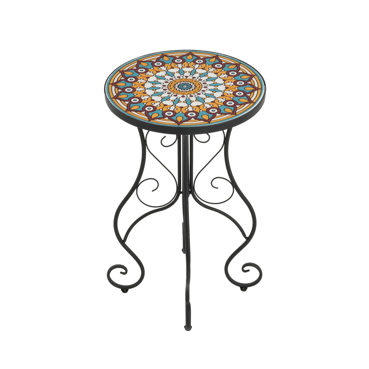 Round Ceramic Outdoor Side Table, Colorful + Black
