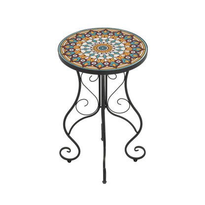 Round Ceramic Outdoor Side Table, Colorful + Black