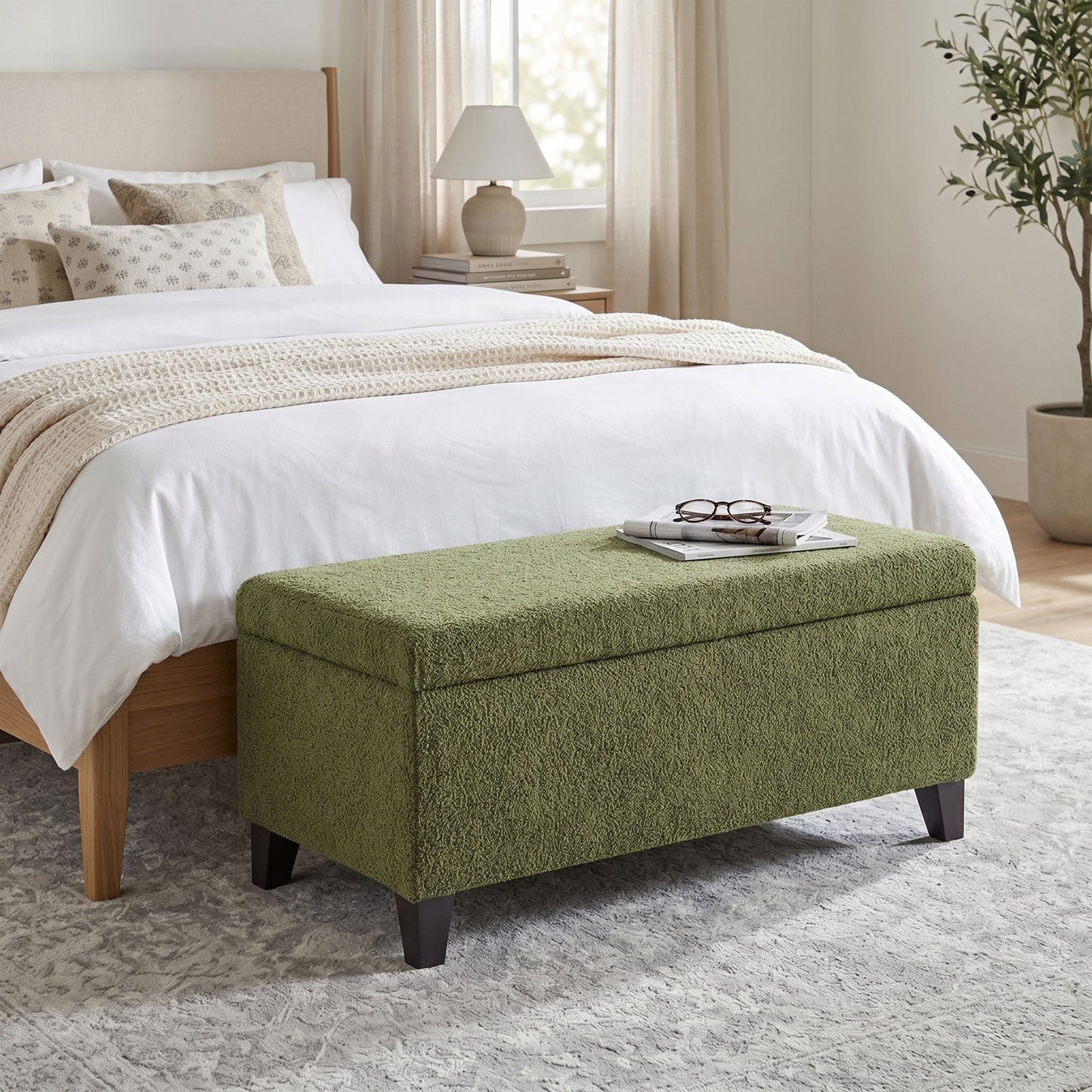 Storage Ottoman with Flip-Top Lid, Easy Assembly, Boucle Fabric & Rubber Wood Legs
