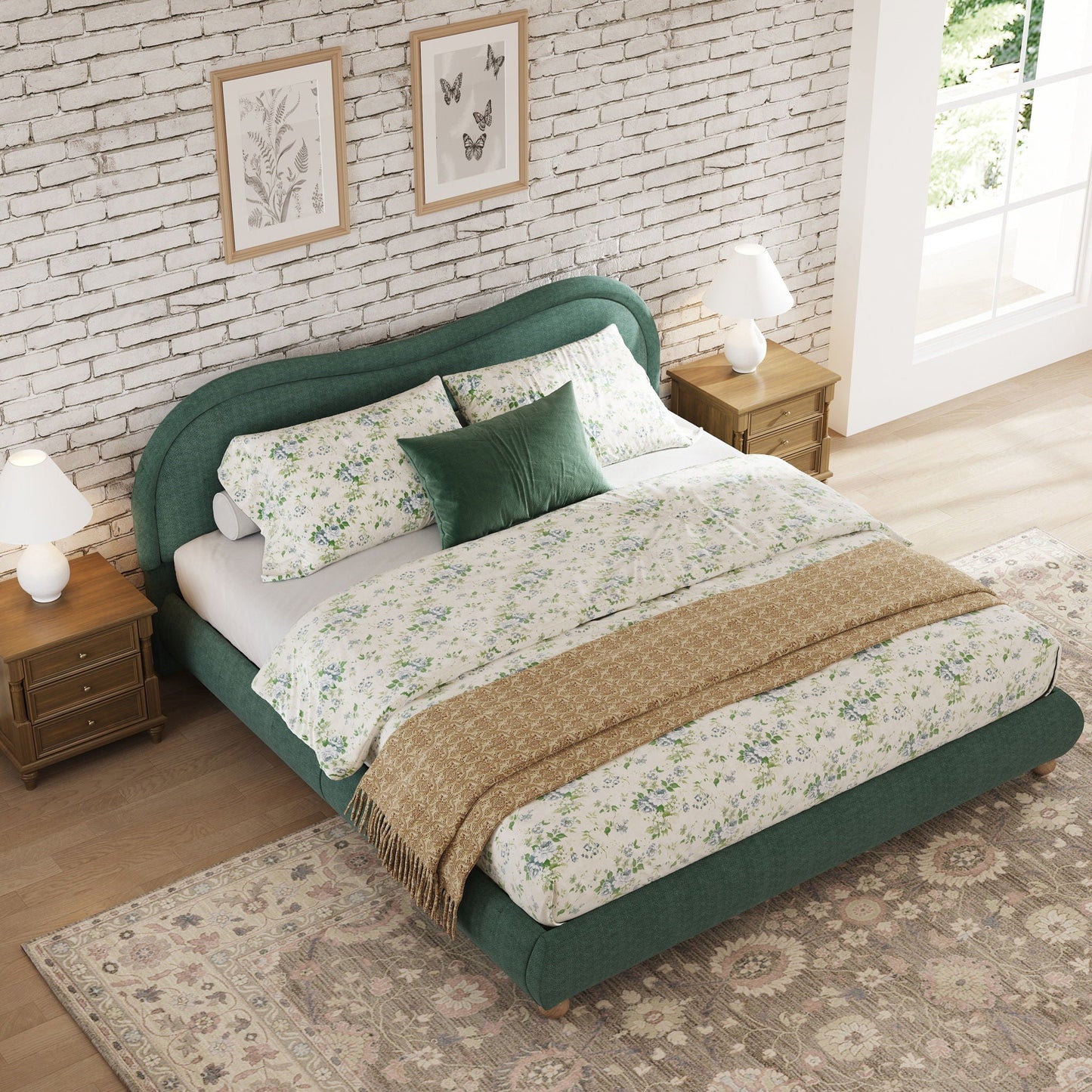 Upholstered Platform Bed Frame With Curved Headboard