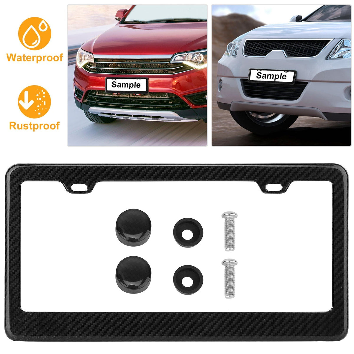 License Plate Frame Rustproof Waterproof Carbon Fiber Black License Plate Frame 2 Holes w/ Bolts Washer Caps for USA/Canada Standard