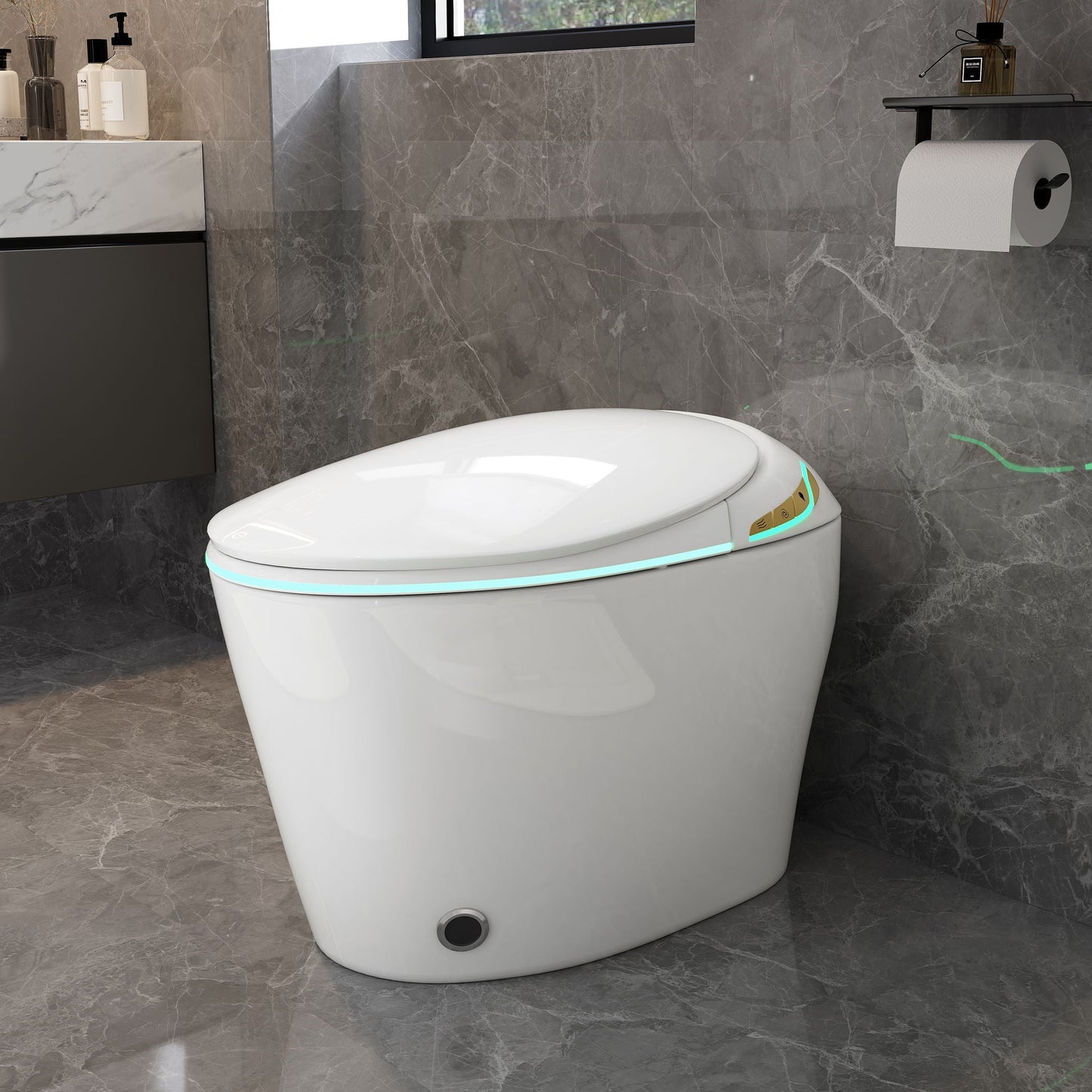 Unique Smart Toile With Built In Bidet, Auto Open / Close Seat, Foot Sensor, LED Display, Night Light, Warm Water & Dryer Ceramic