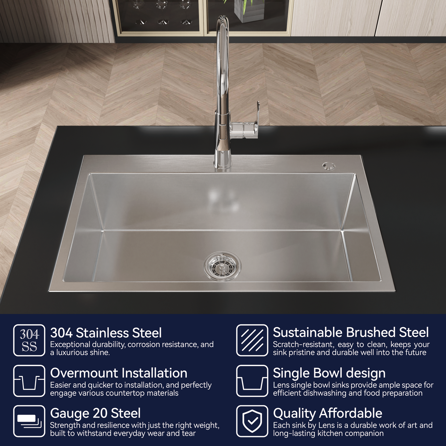 Stainless Steel Kitchen Sink, 32"x19" Single Bowl, Overmount Handmade Brushed Nickel