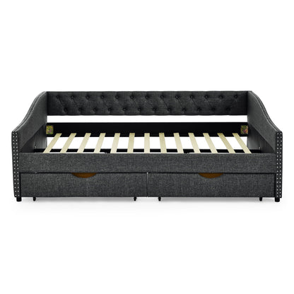 Upholstered Tufted Daybed With 2 Drawers, Waved Arms