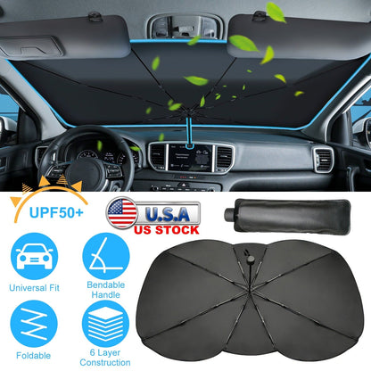 57x33In Foldable Car Sun Umbrella Universal Sun Blocker Shield Shade Silver Titanium Sun Protector with Carry Bag for Car Truck SUV