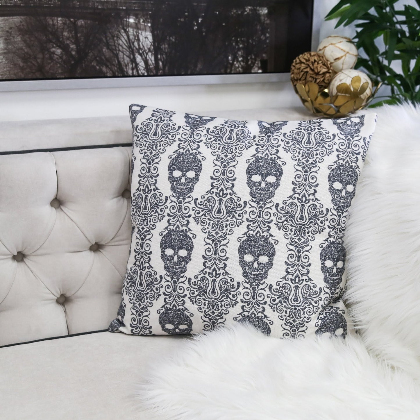 Gothic Damask Skull Throw Pillow – Black & White Cotton Linen