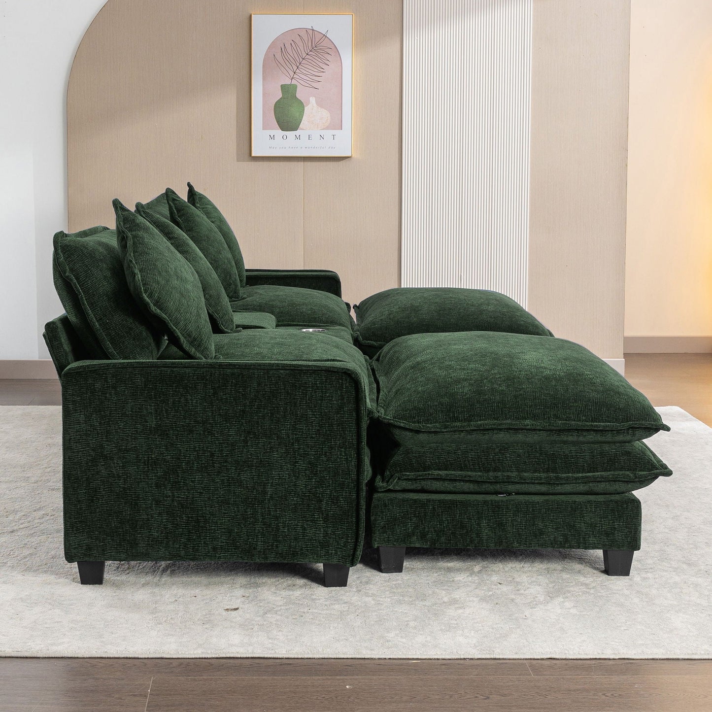 Sectional Sofa Upholstered Sofa With Two Removable Ottoman, Two USB Ports, Two Cup Holders And Large Storage Box For Living Room