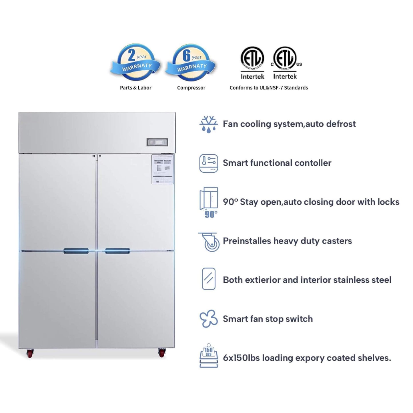 48-Inch Commercial 33 Cu.Ft Stainless Steel Reach-In Refrigerator With Four Split Doors (SAK83046)