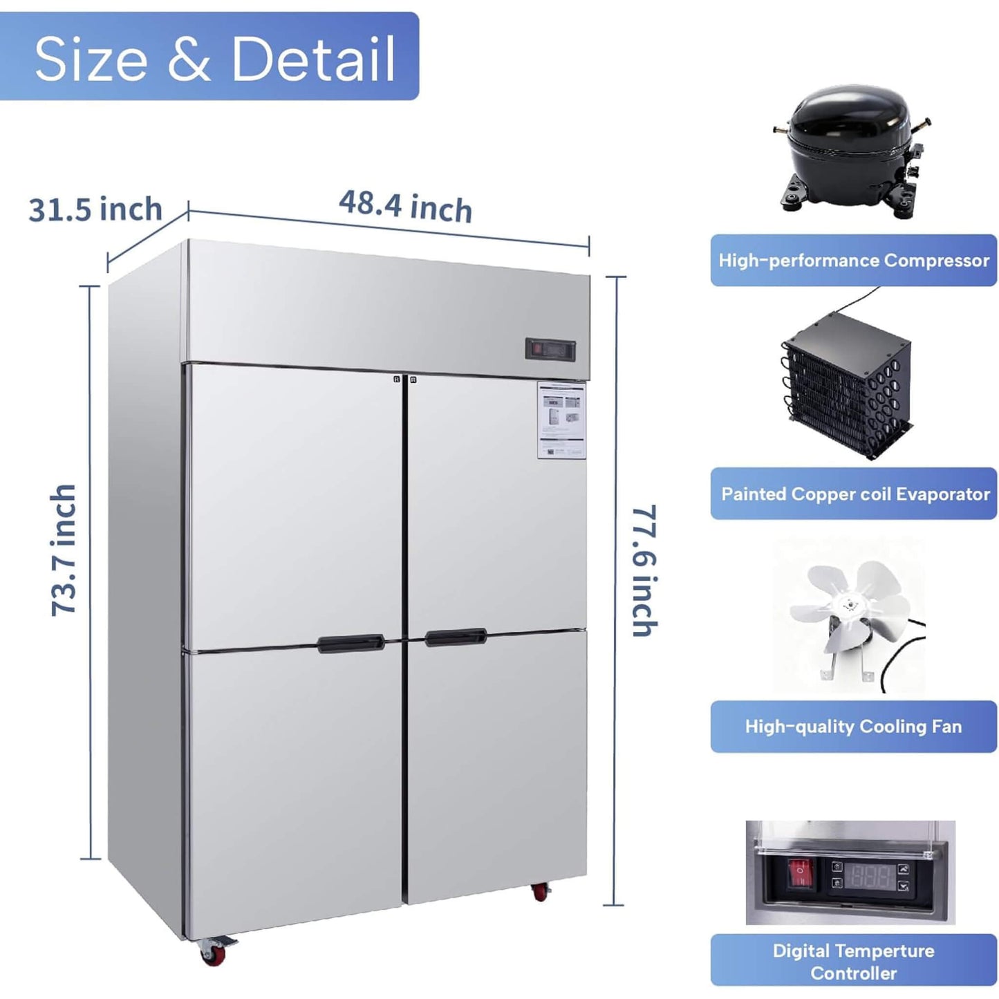 48-Inch Commercial 33 Cu.Ft Stainless Steel Reach-In Refrigerator With Four Split Doors (SAK83046)