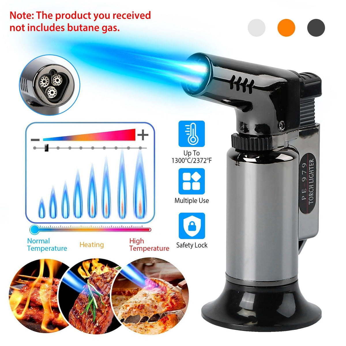 Culinary Butane Torch Lighter Refillable Blow Torch Flame Adjustable Flame Kitchen Cooking BBQ Torch w/ Fire Lock (Gas Not Included)