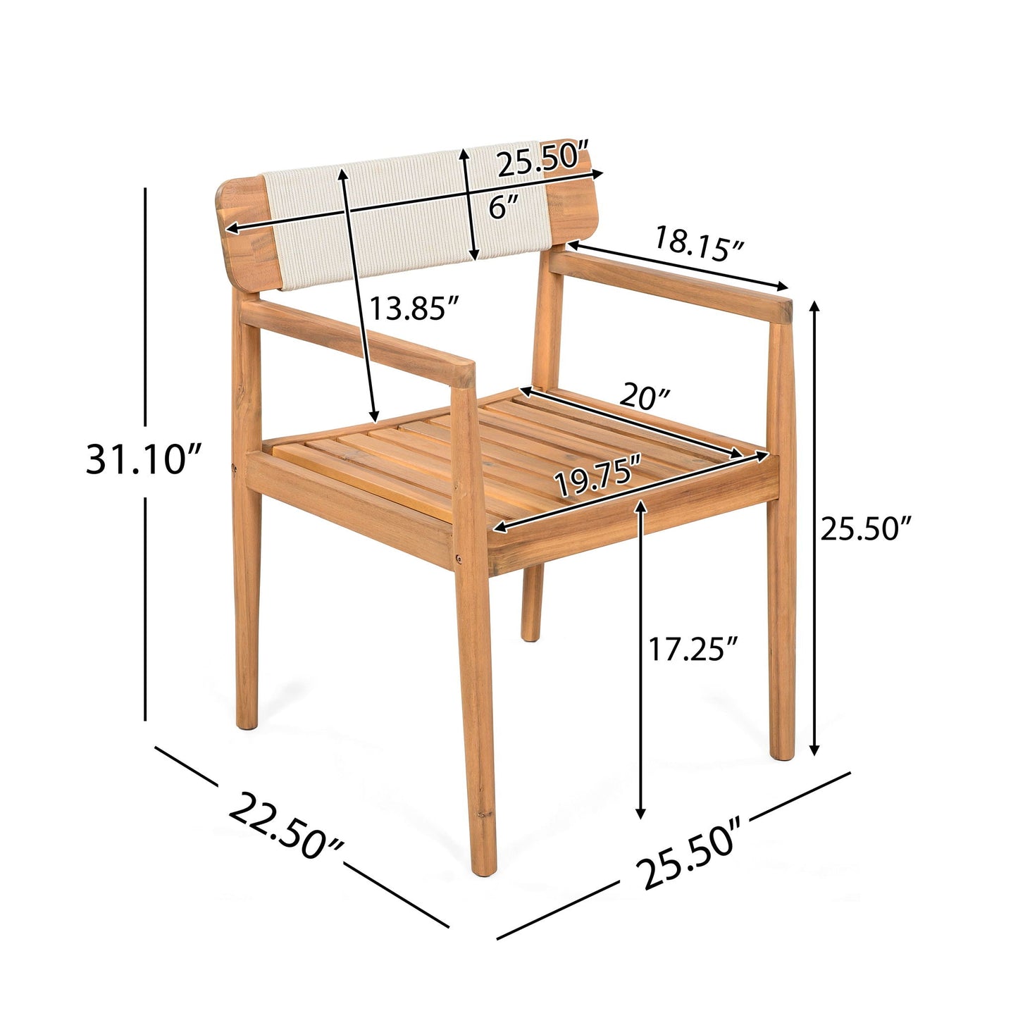 Creative Braided Acacia Wood Outdoor Dining Chairs with Armrests (Set of 2) - Teak / White