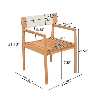 Creative Braided Acacia Wood Outdoor Dining Chairs with Armrests (Set of 2) - Teak / White