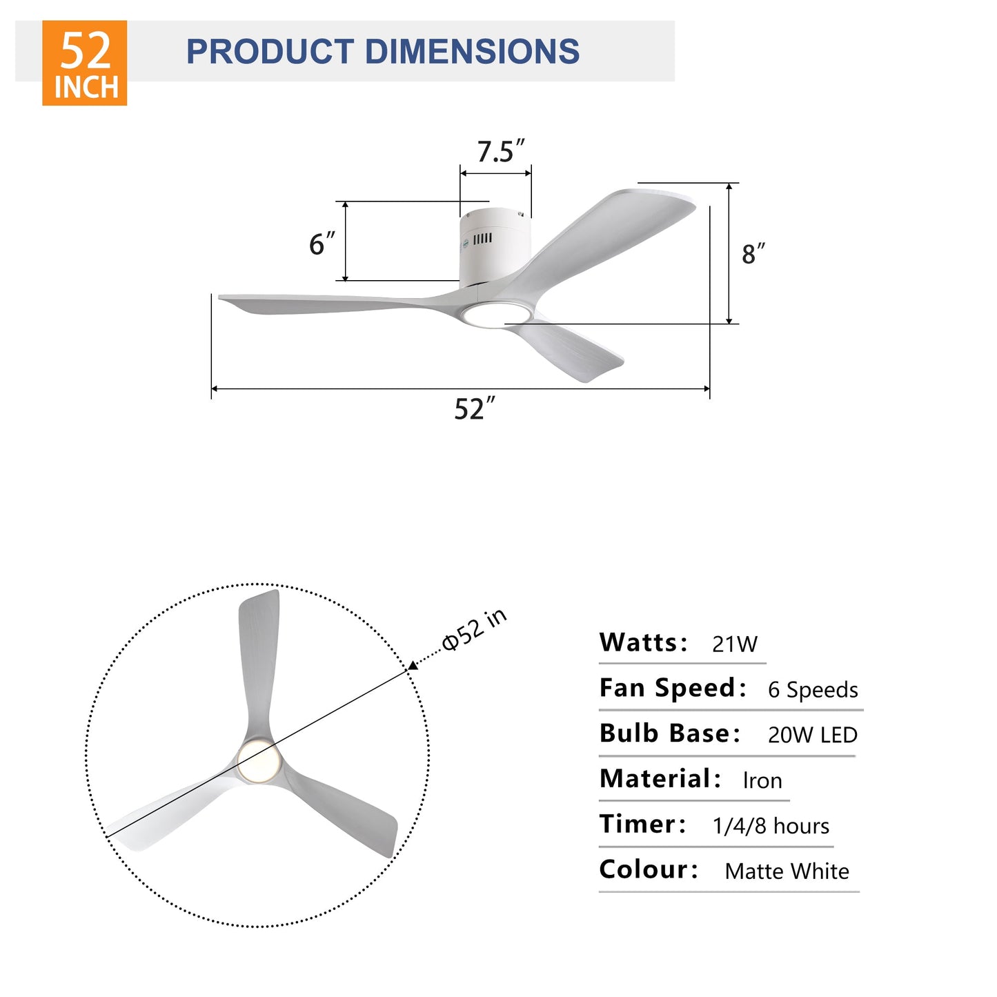 52 Inch Mounting Type Solid Wood Ceiling Fan With Light Kit