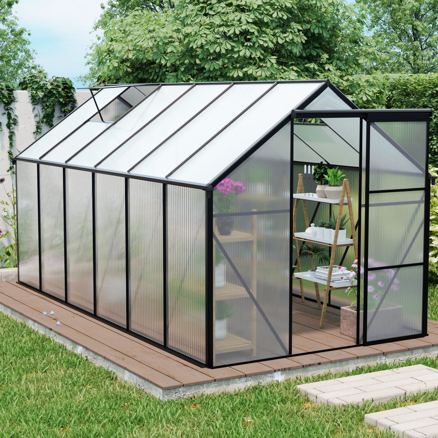 Polycarbonate house Raised Base And Anchor Aluminum Heavy Duty Walk-In houses For Outdoor Backyard In All Season