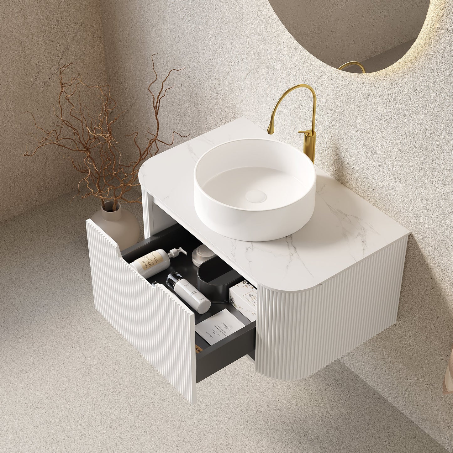 DINA 30" Bathroom Vanity & Sink with Floating Curved Edges and Striped Storage