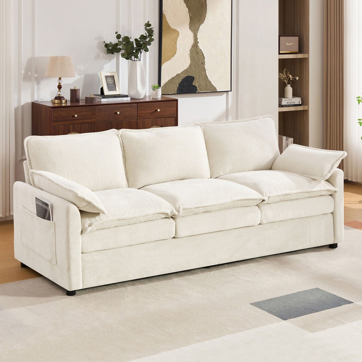 Modern 3 Seater Sofa With Side Storage Pockets For Living Room