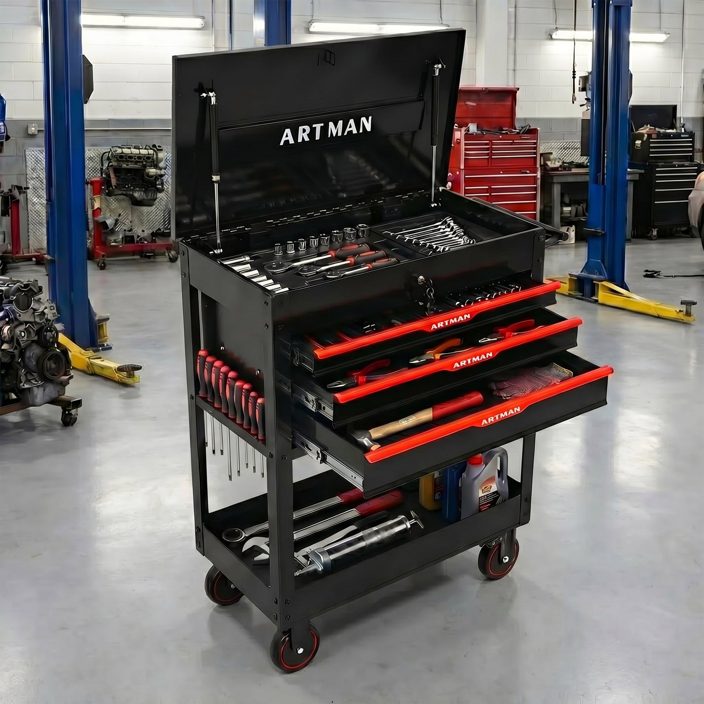 3 Drawers Multifunctional Tool Cart with Wheels and Steel Top - Black & Red