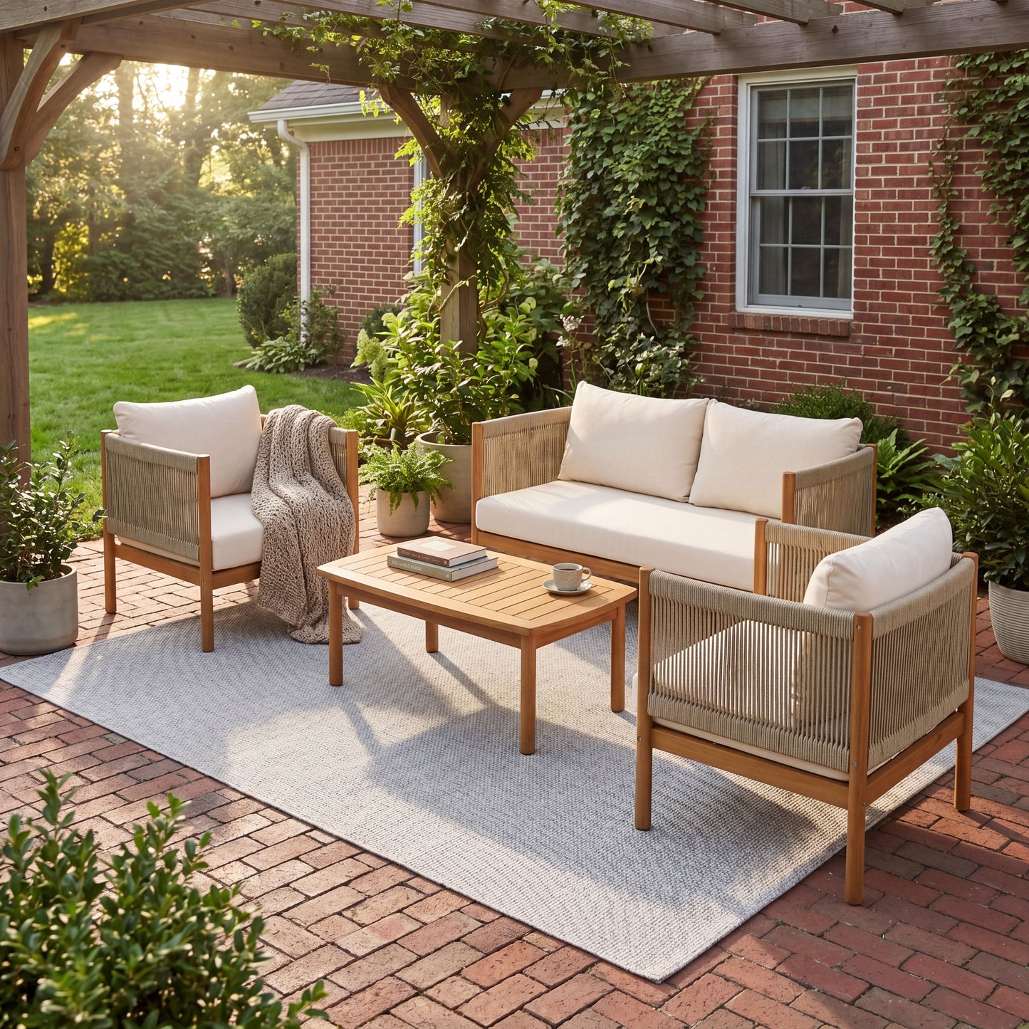 4-Piece Outdoor Sofa Set with Acacia Wood Frame in Teak Look