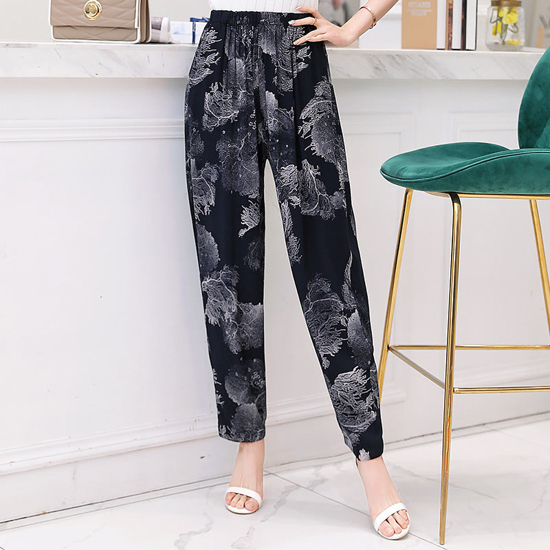Vibrant Red & Blue Floral Cotton Linen Bloomers | Plus Size Breathable Mother Pants High-Waisted Comfort Slacks