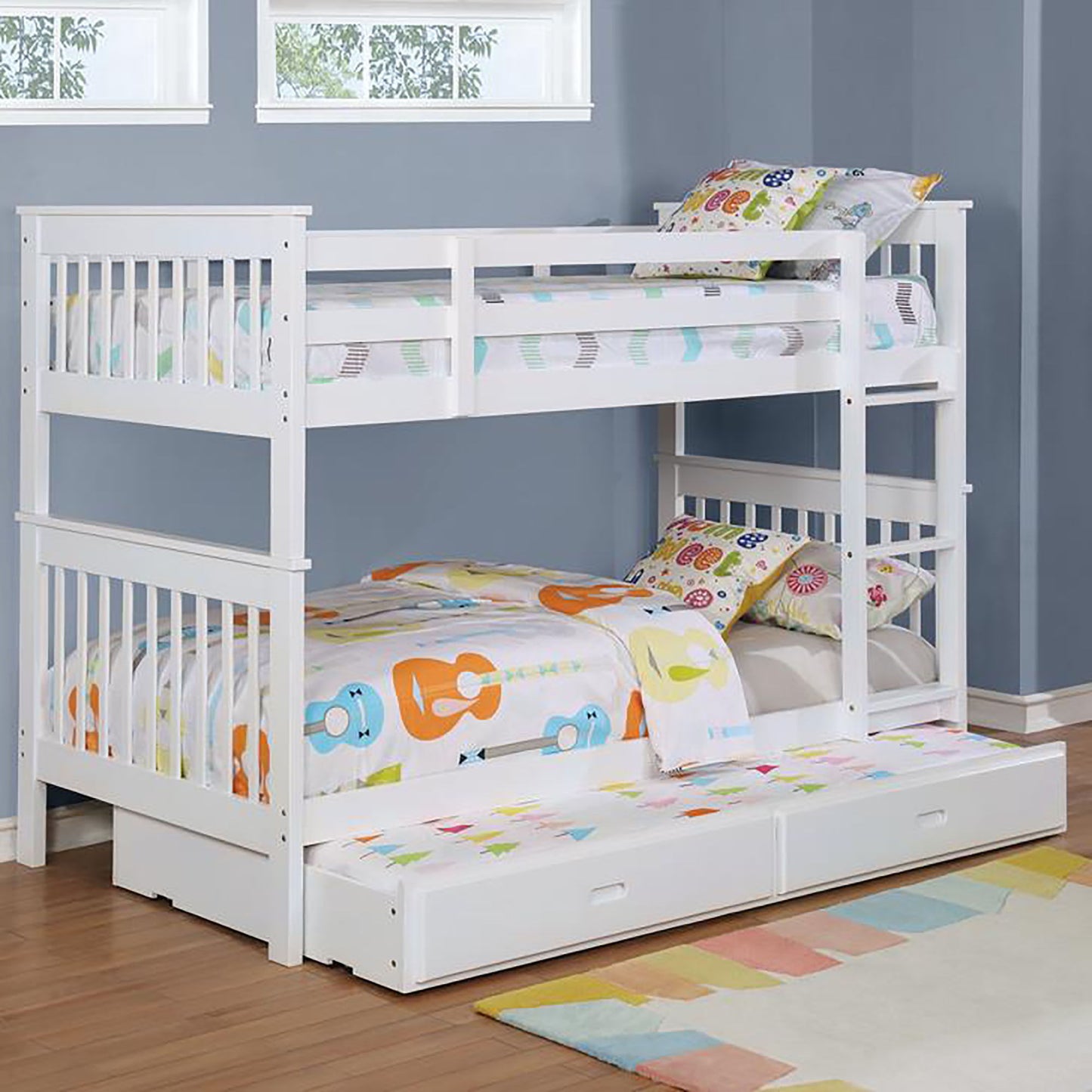 Slatted - Headboard Twin / Twin Bunk Bed With Built In Ladder Design - White