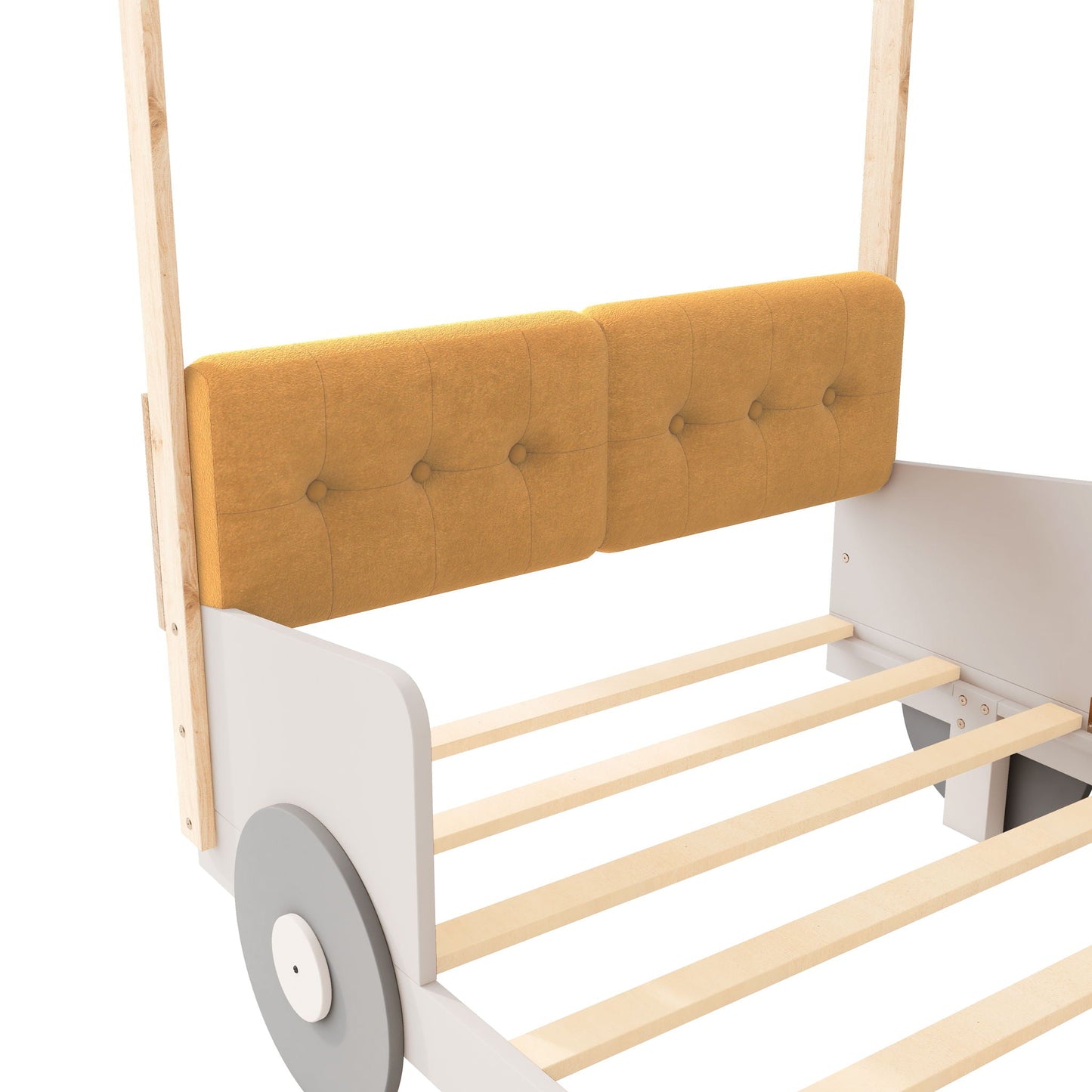 Twin Size Car Bed With Pillow, Ceiling Cloth And LED - Natural