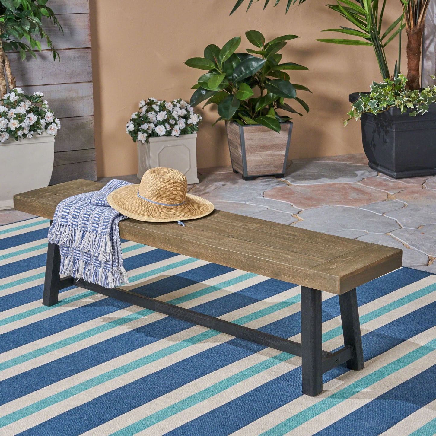 Cloud Outdoor Bench With Acacia Wood Frame And Slat Panel Design