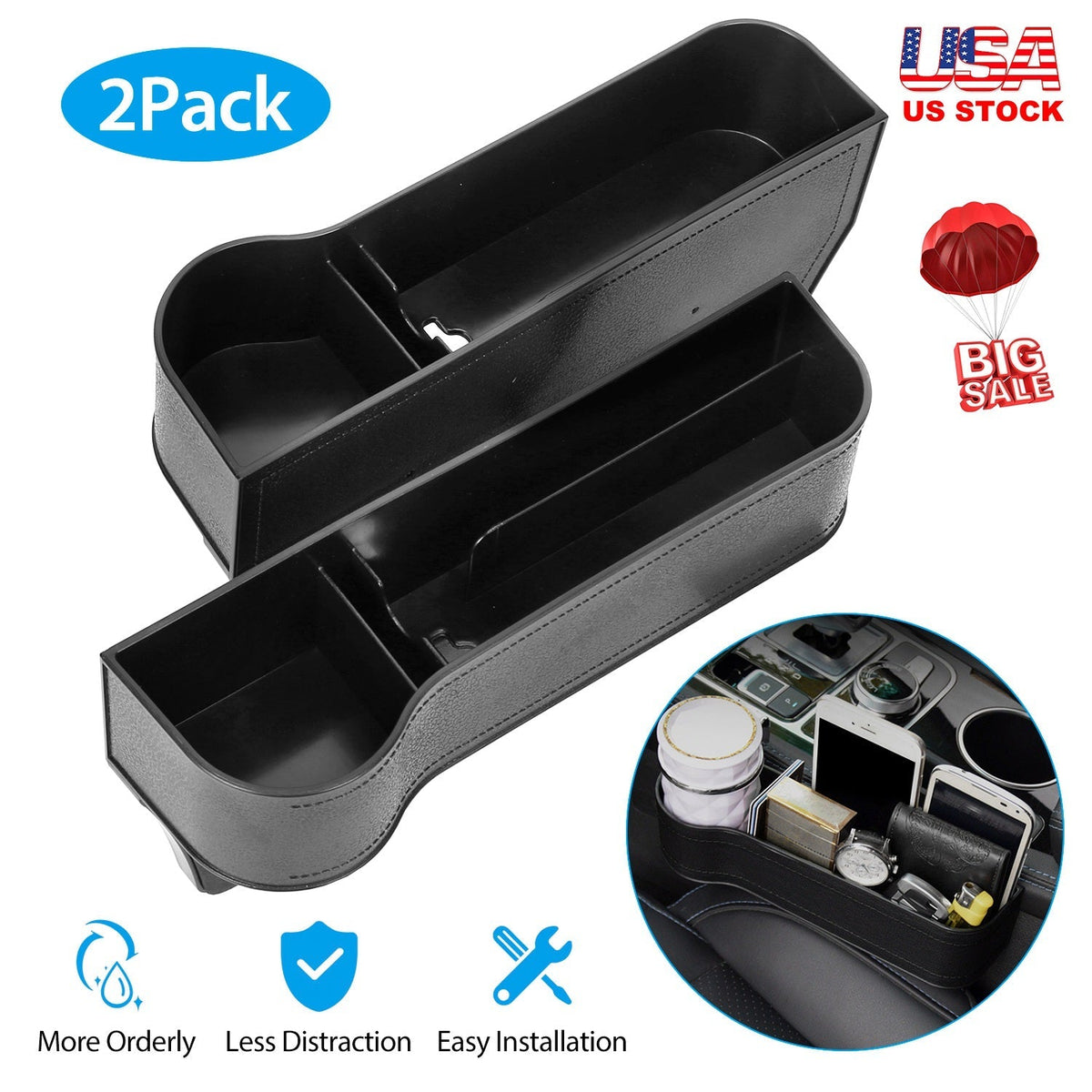 2Pcs Car Console Side Organizer Car Seat Gap Storage Box Pocket Organizer Seat Gap Filler Catch Caddy W/ Cup Holder Non-Slip Mat for Cellphone Key Car