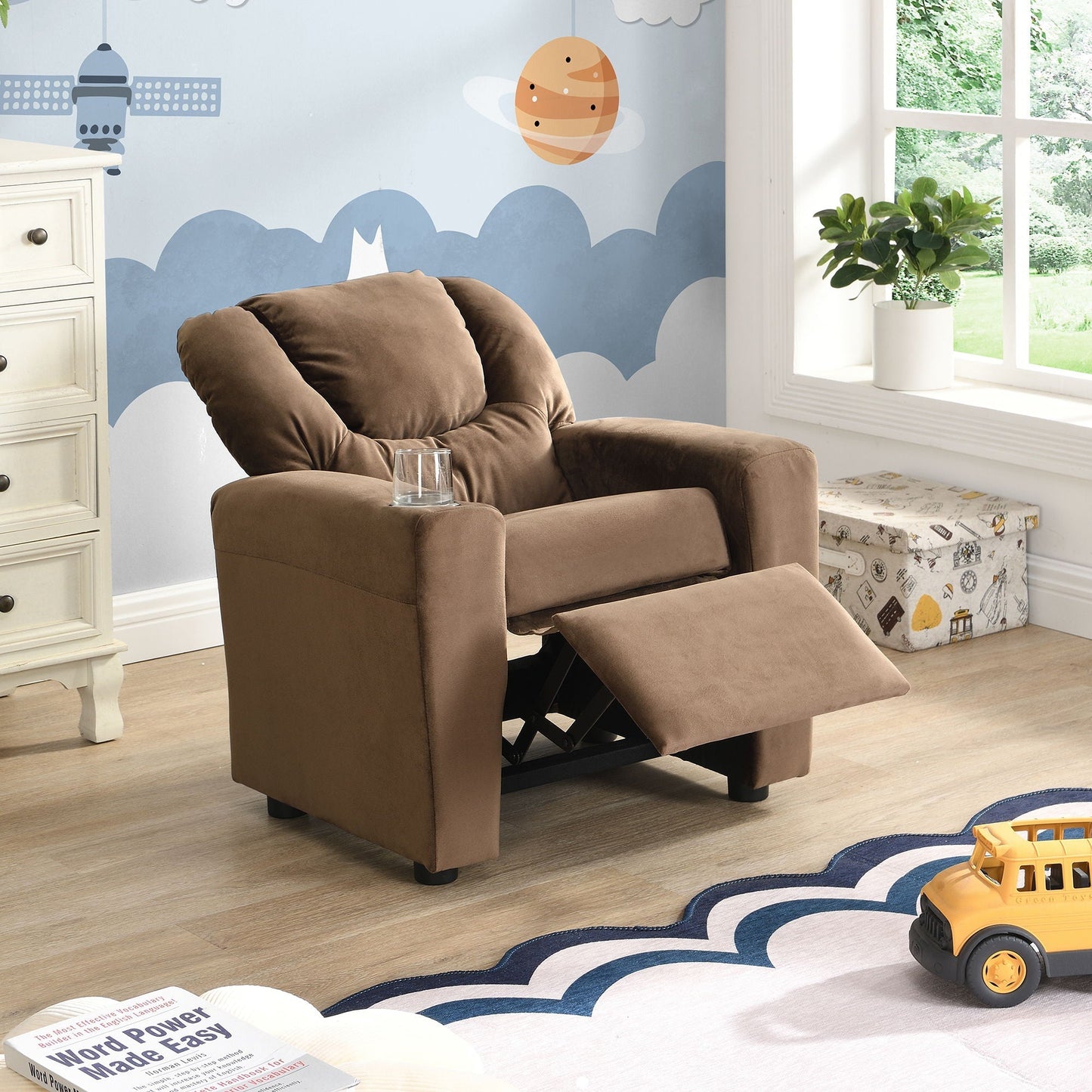 Kids Recliner Chair with Cup Holder - Brown Upholstered Couch
