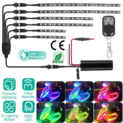 6Pcs Motorcycle LED Light Strips Multi-Color Neon Light Kits Waterproof DC 12V RGB Atmosphere Lights W/ Remote Controller Fit For Motorcycle Car SUV A