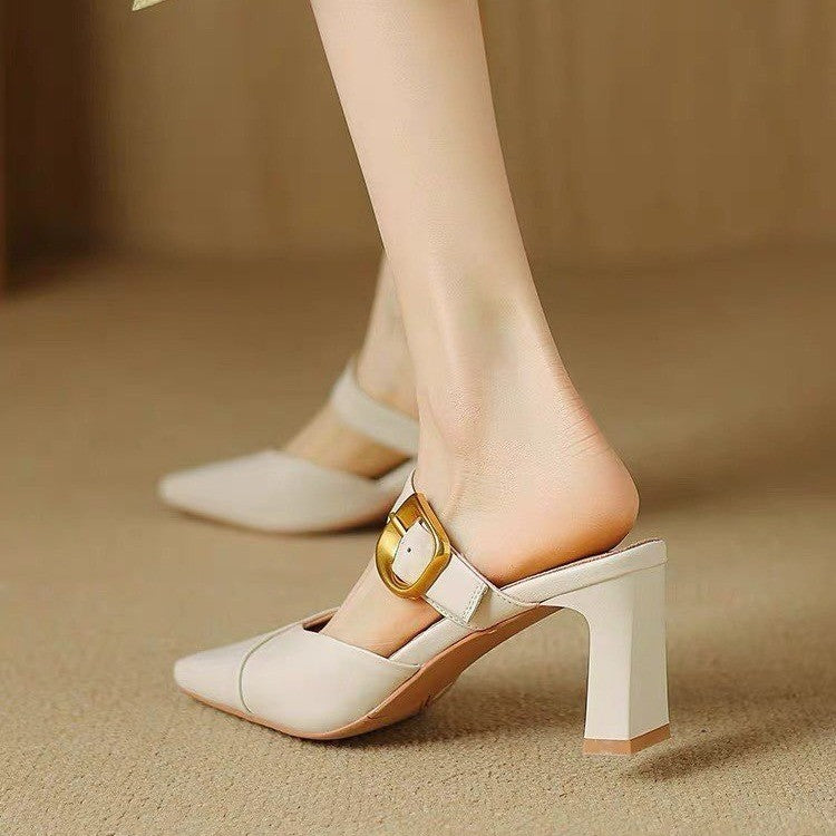 Summer New Women French Style Pointed Toe Mules, Fashion Outdoor Wear Versatile Block Heel Closed Toe Slide High Heels For Dresses