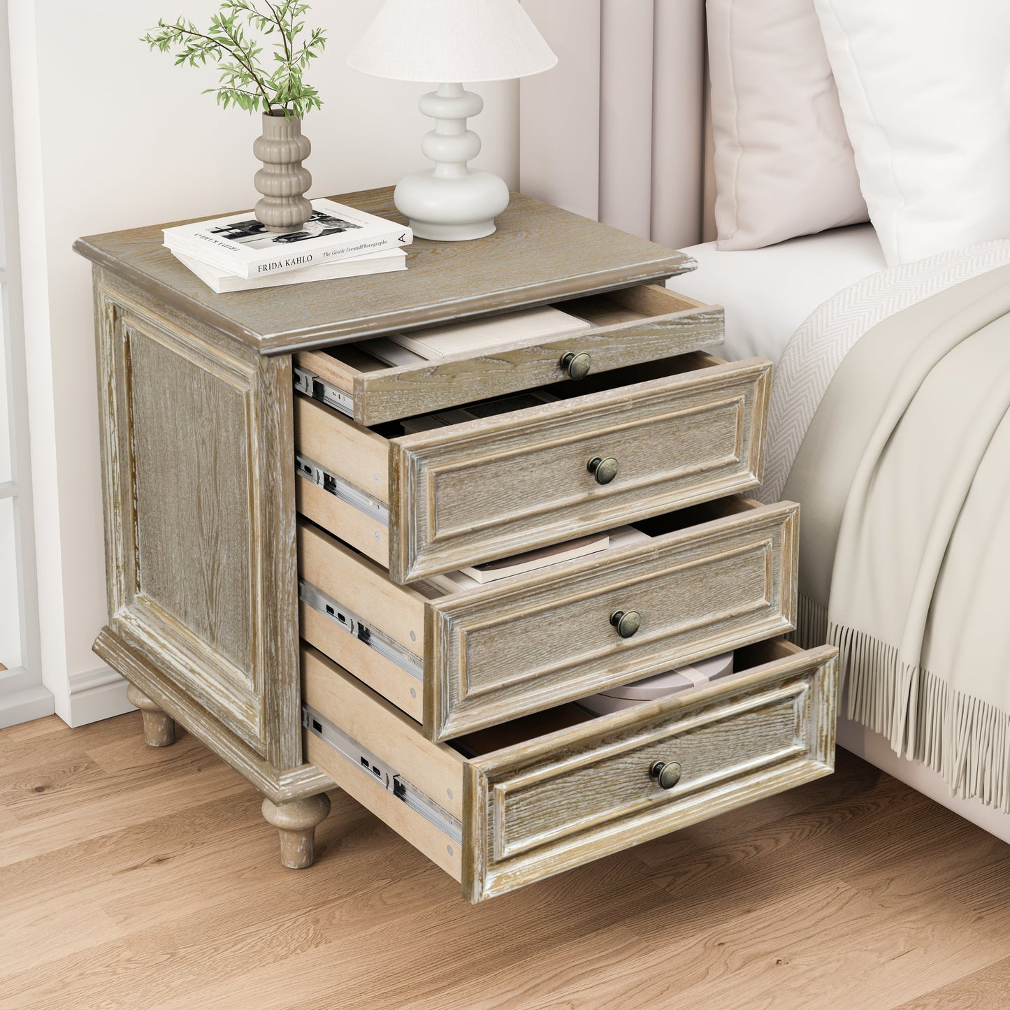 Farmhouse Nightstands with 4 Drawers and Pull-Out Shelf