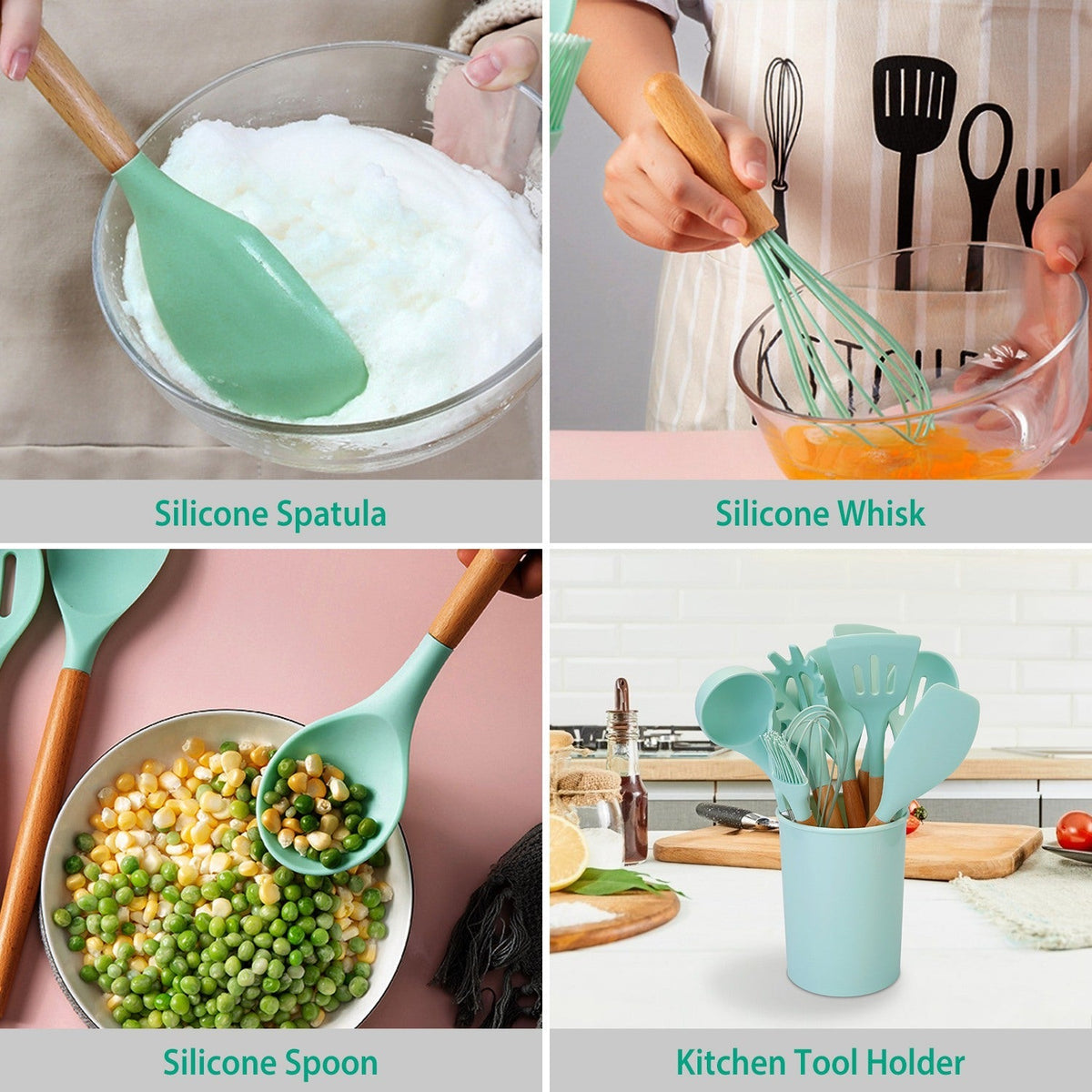 11PCS Silicone Utensil Set – Heat-Resistant with Wooden Handles & Holder
