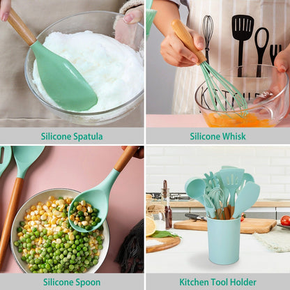 11PCS Silicone Utensil Set – Heat-Resistant with Wooden Handles & Holder