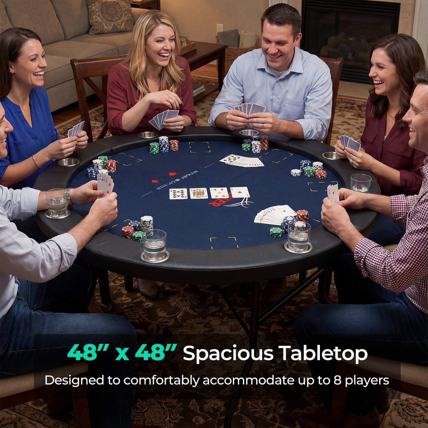 48 Inch Foldable Poker Table with 8 Cup Holders and Padded Edges