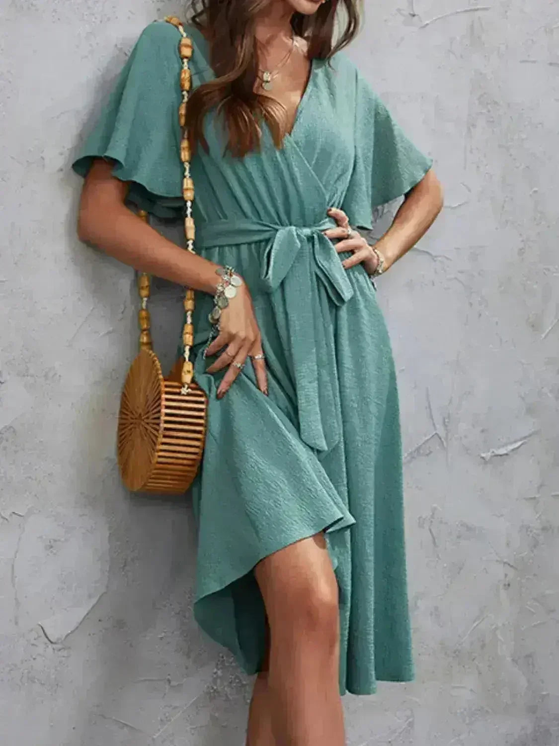 Surplice Flutter Sleeve Tie Wrist Midi Dress – Femstylo