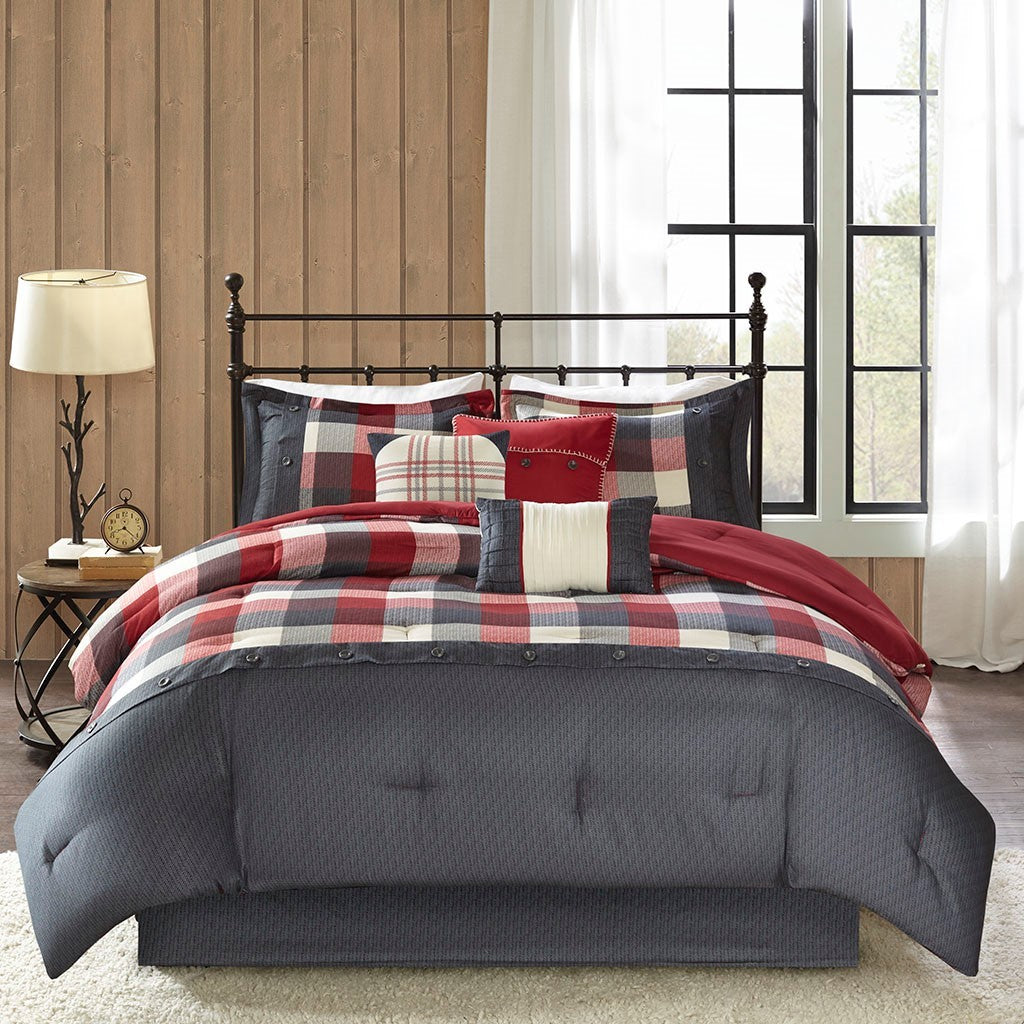 7 Piece Herringbone Comforter Set Red Cal King