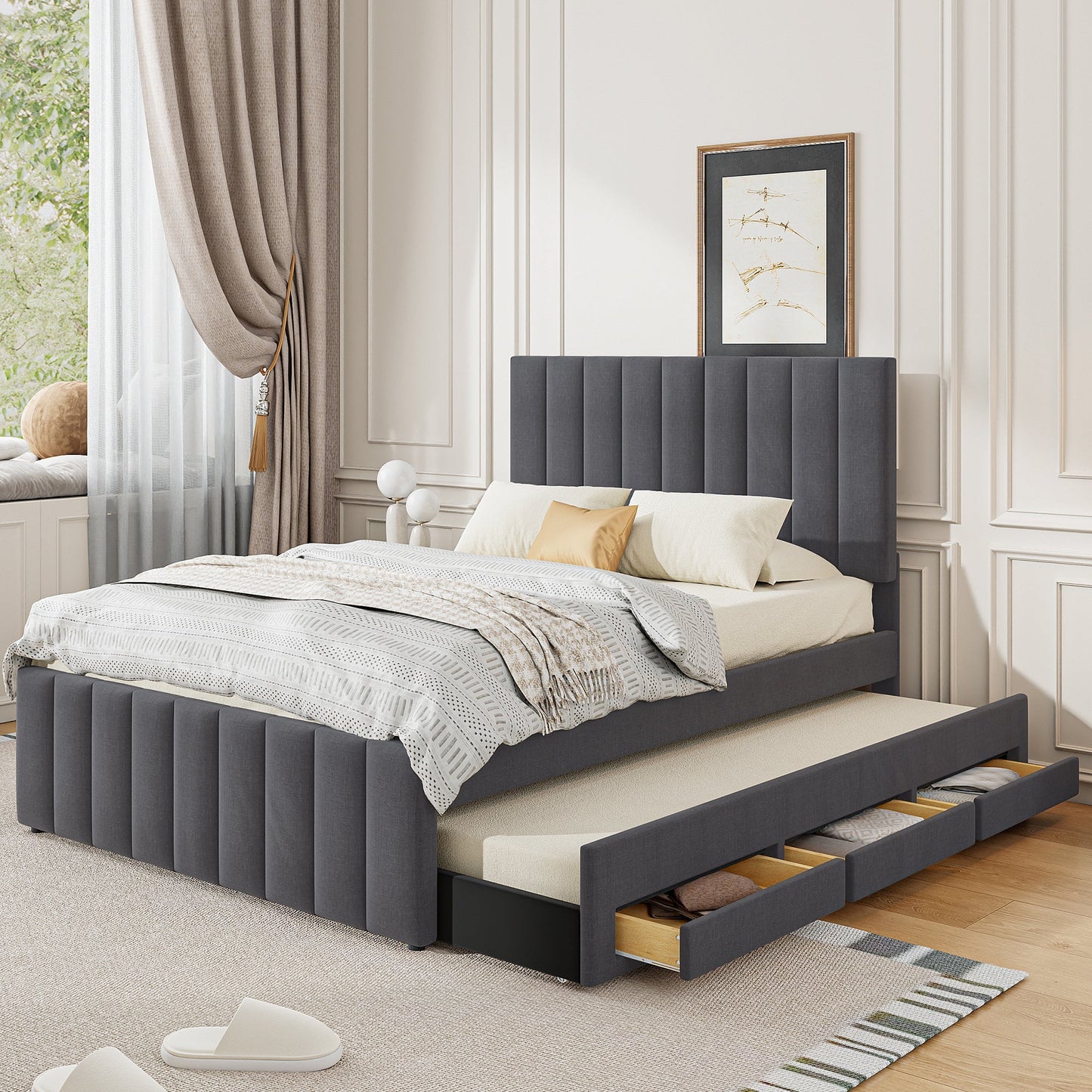 Full Size Upholstered Platform Bed with Twin Size Trundle and 3 Drawers