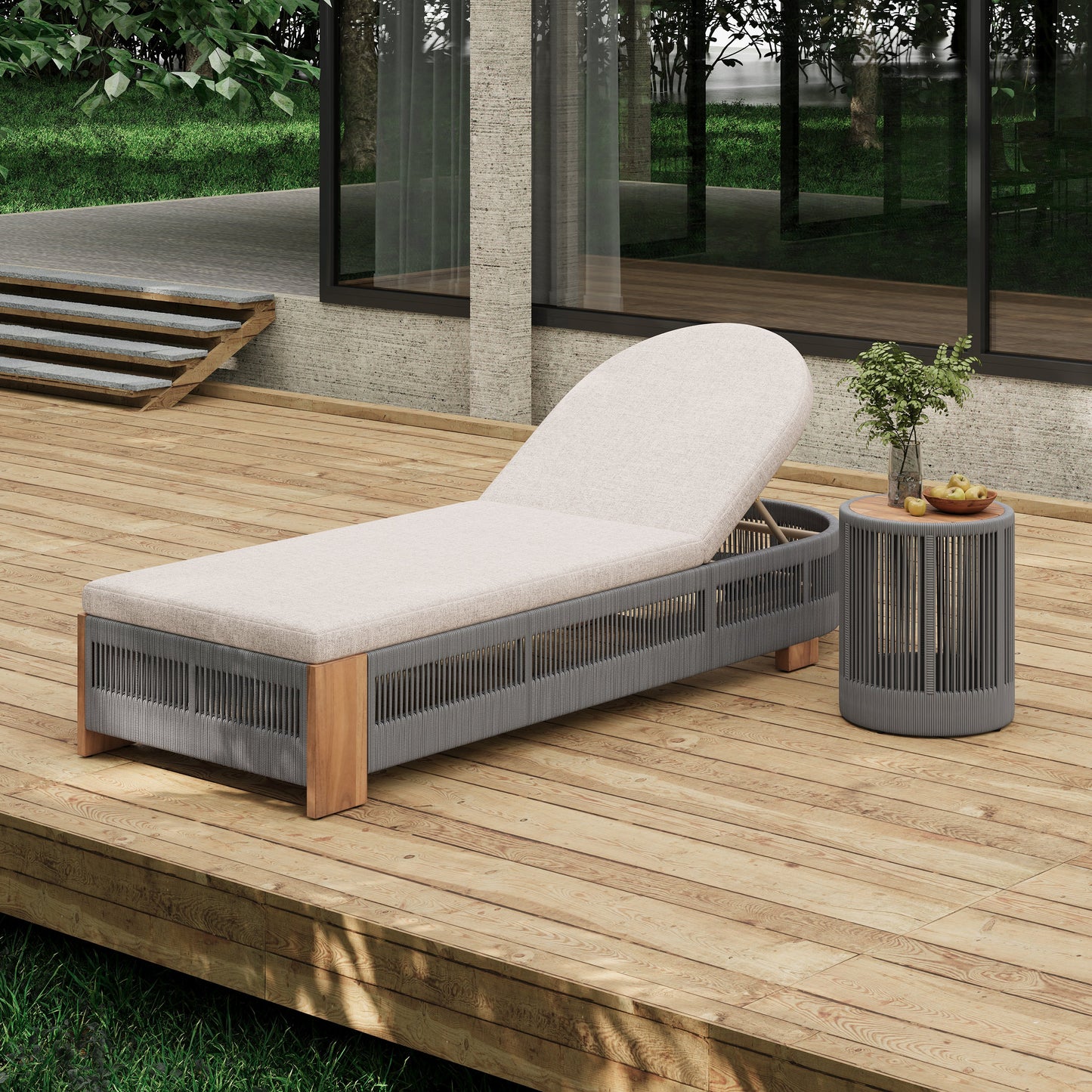 Outdoor Rope Chaise Lounge Set with Teak Look Side Table