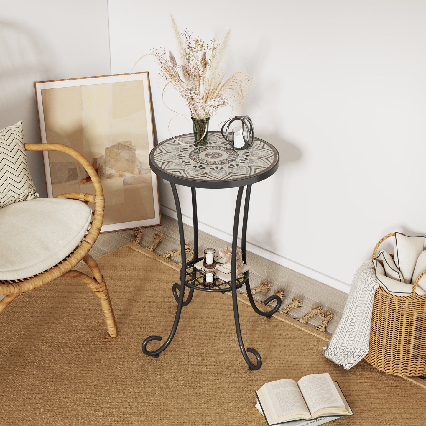 Patio Side Table with Shelf, Brown and Black