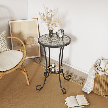 Patio Side Table with Shelf, Brown and Black