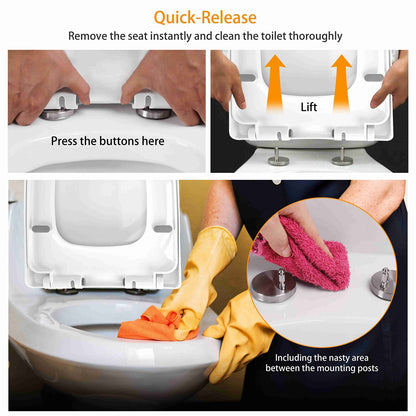 Square Toilet Seat with Grip-Tight Seat Bumpers Heavy-Duty Quiet-Close Quick-Release Easy Cleaning White UK