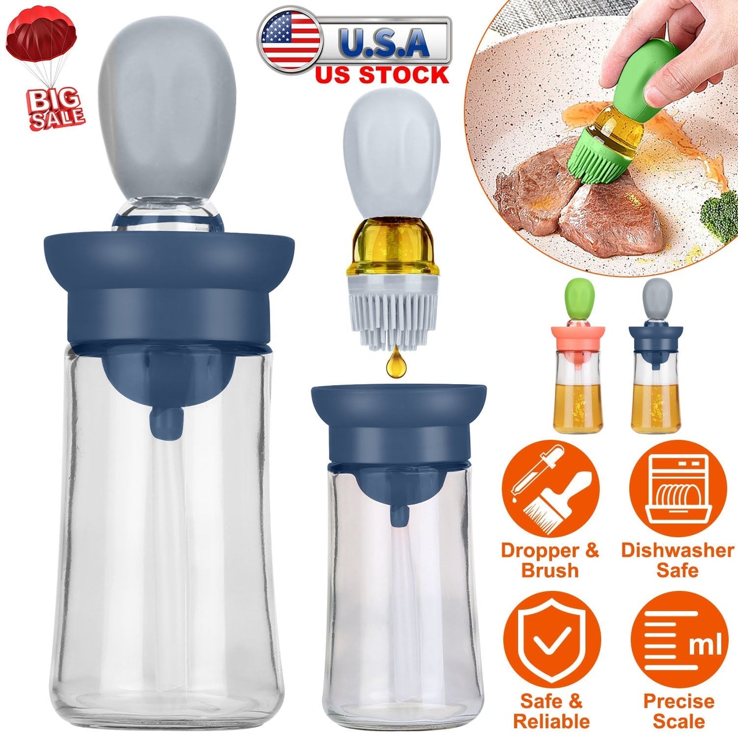 Oil Dispenser Bottle 2 In 1 Cooking Glass Olive Oil Dispenser Silicone Dropper with Silicone Brush Dropper Measuring Container for Kitchen Baking BBQ