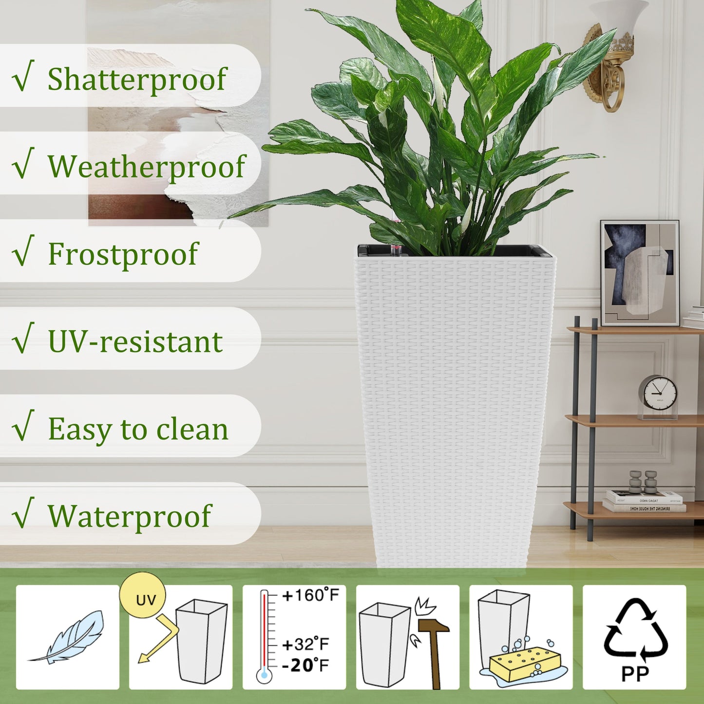 Indoor/Outdoor Modern Faux Rattan Design Square Planter, 22.6 inch White Plastic Large Planter with Automatic Watering System for Home and Garden (White, 22.6 inch - 2 Pack)