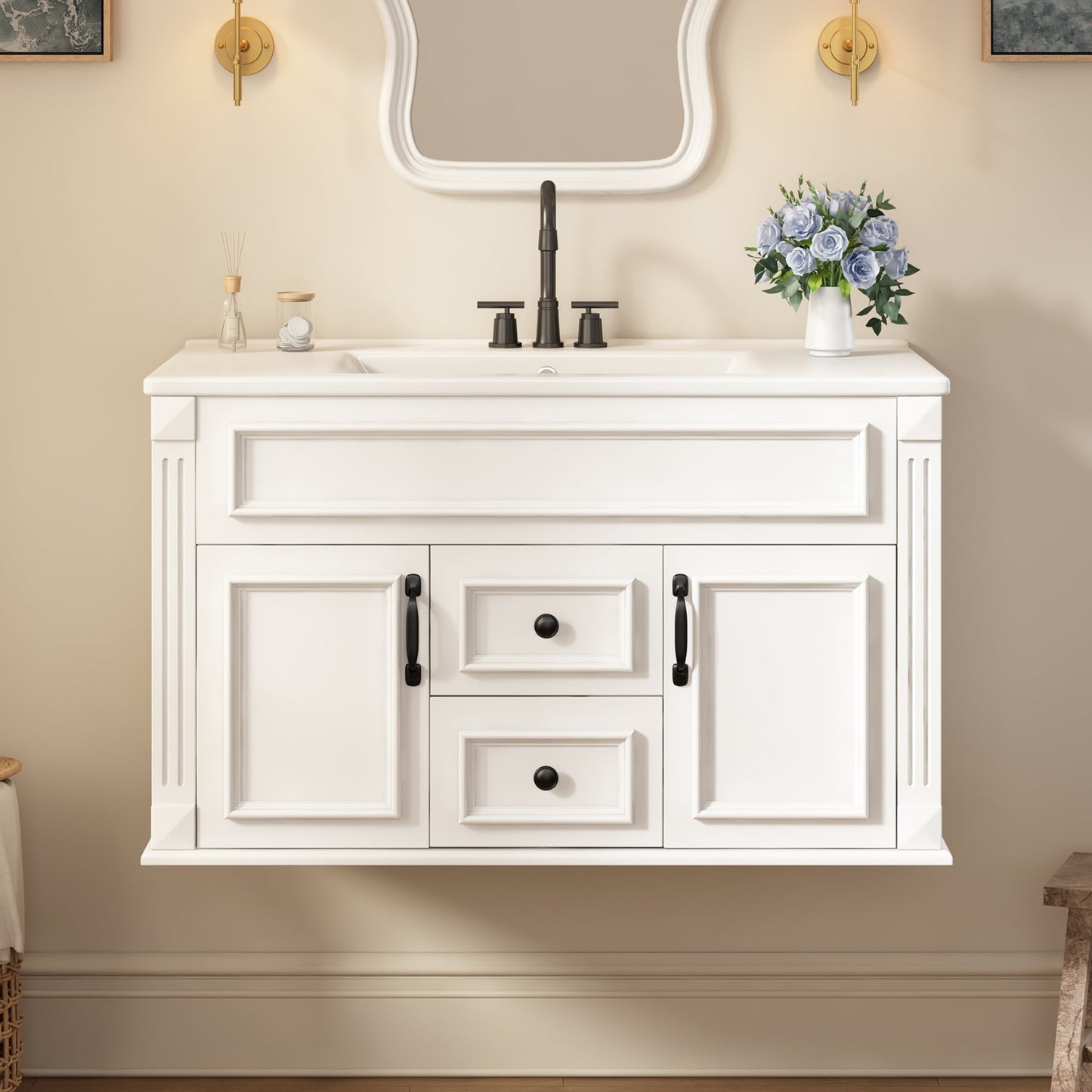 36 Inch Wall Mounted Bathroom Cabinet with Ceramic Sink and Drawers