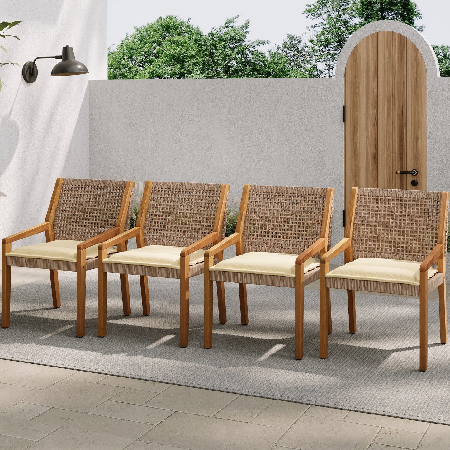 Outdoor Dining Chair Set of 4 - Acacia Wood and Wicker with Cream Cushion