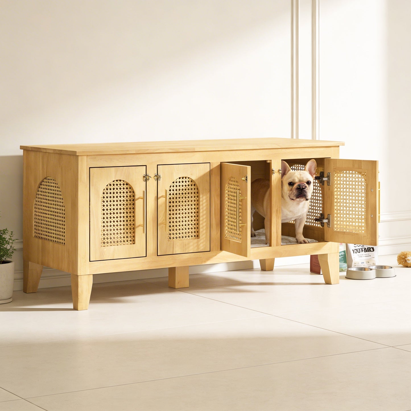 Lars Indoor Rattan Decorated Rubber Wood Dog Crate Cabinet